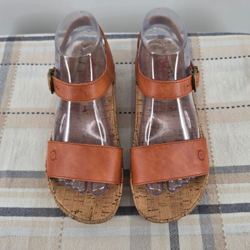 B.O.C. Born Leather Platform Wedge Sandals Coral Tan Cork Ankle Strap Women's 7M